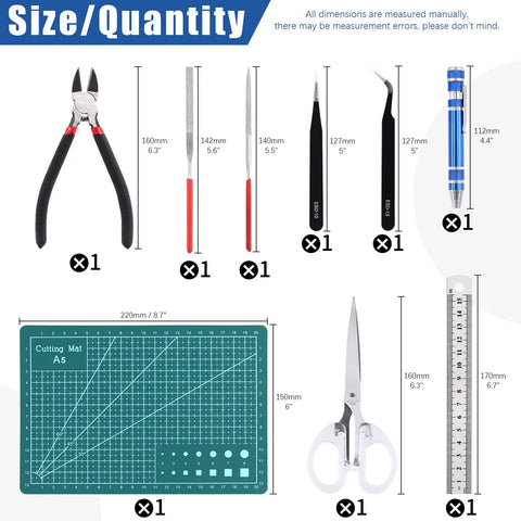 39 Piece Pro Grade Model Tools Kit For Model Building And Hobby Crafting With Steel Ruler, tweezers, files, knife, mat, scissors visible