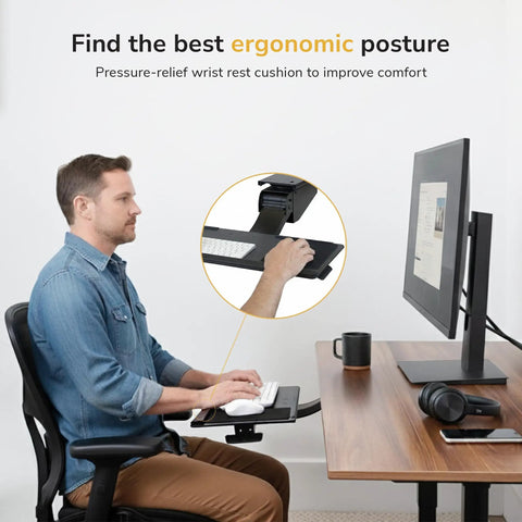 Adjustable Under Desk Keyboard And Mouse Tray Smooth Glide Platform Featuring Legit Ergonomic Wrist Rest for optimal posture.