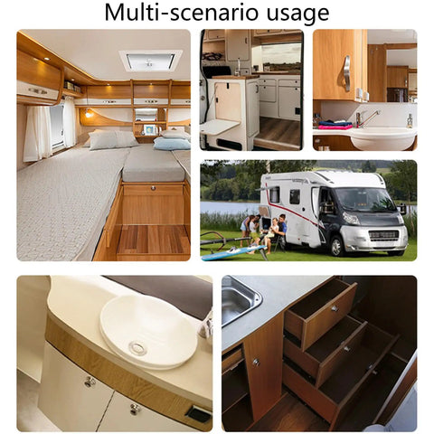 Push Button Cabinet Latches For Campers And RVs, kitchen and bathroom interiors showing alloy drawer and door locks