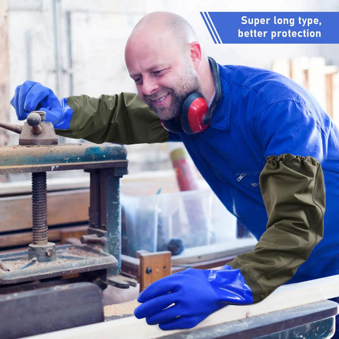 Man using machinery wearing 3 Pair Long Waterproof Gloves For Heavy Duty Work Reusable PVC Chemical Resistant 28 Inch Padded Cotton Lined Acid And Oil Resistant Durable Rubber Gloves For Home Garden Jobsite.