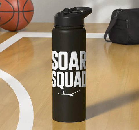 Glider Club Water Bottle for Sailplane Crew and Pilots, Stainless Steel Insulated Bottle on a basketball court with sports gear.