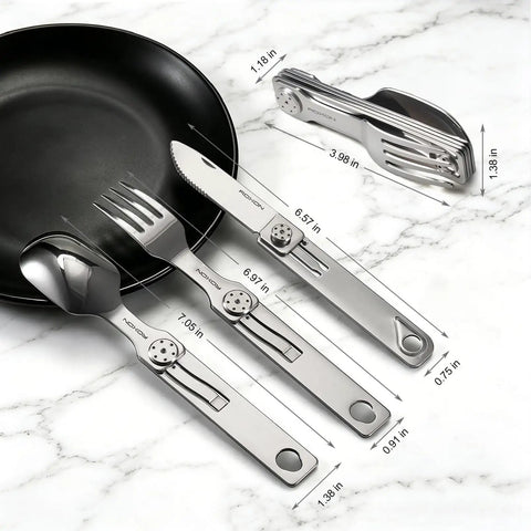 All In One Camping Utensils Set With Case Featuring Knife Spoon And Fork That Fold Magnetic For Easy Detachment And Storage