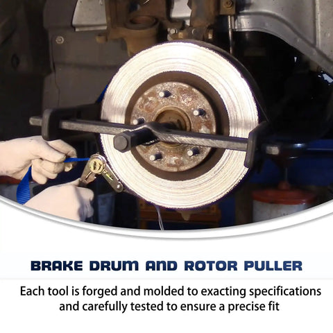 Beefy Heavy Duty Brake Drum And Rotor Puller For Removing Brake Drums Rotors Drive Wheels Gears Flywheels And Pulleys With Hardened Steel Construction And Reinforced Arms For Smooth Damage Free Time Saving Vehicle Repairs used on a brake rotor