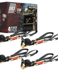 Heavy Duty 7 Foot By One And A Half Inch Shock Absorbing Ratchet Straps For Cargo Haul Securement, 4 pack shown with box