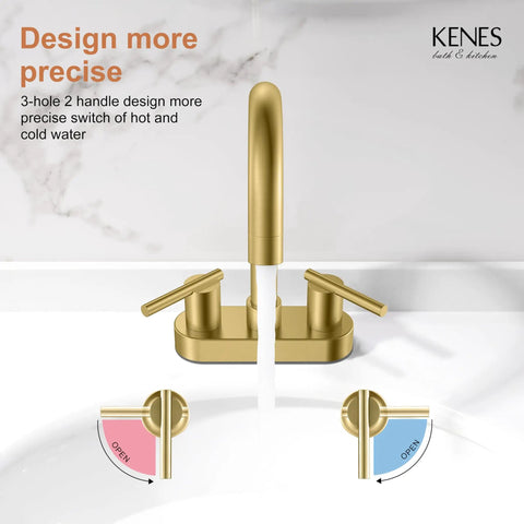 Brushed Gold Centerset Bathroom Faucet 4 Inch 2 Handle 3 Hole Sink Faucet With Pop Up Drain And Two Water Supply Lines