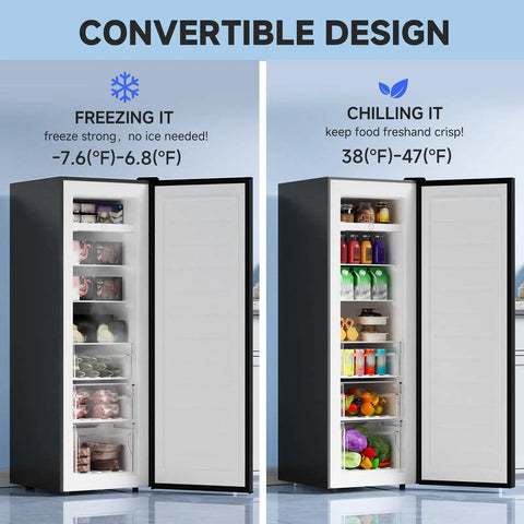 Ace 7 Cu Ft Upright Freezer That Converts To Chill Fridge Mode And Keeps Your Stash Fresh With Smooth Glide Drawers And Spacious Silver Cabinet For Zero Kitchen Stress All Year Round, showing freezing and chilling modes.