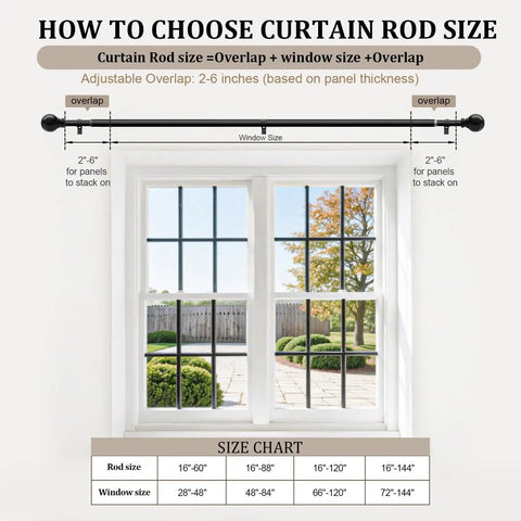 Heavy Duty Black Curtain Rods 72 To 144 Inches 1 Inch Diameter Adjustable Extra Long Blackout Traverse Window Rods With Decorative Finials For Living Room Bedroom Kitchen diagram on choosing curtain rod size over window