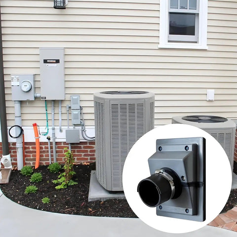 HVAC Wall Penetration Cover Kit With Dense Rubber Seal Blocks Drafts Hides Ugly Ac Lineset Delivers A Straightup Clean Look To Basements Or Exterior Walls Year Round on a house exterior.