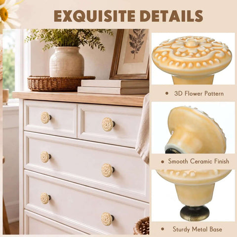 Deadset Classic Light Yellow Ceramic Cabinet Knobs Bundle Featuring 24 Round Vintage Drawer Pulls With Complete Mounting Hardware For Seamless Kitchen Makeover on dresser