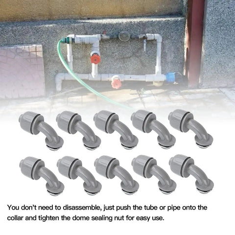 10 Pack Tough 1 Inch NPT Liquid Tight Flex Conduit Connectors 90 Degree Elbow Non Metallic Electrical Cord Grip Adapters on a wall