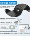 MKP-33 Weedless Wedge 2 Trolling Motor Propeller with installation tools for 4 inch Minn Kota motors, package contents shown