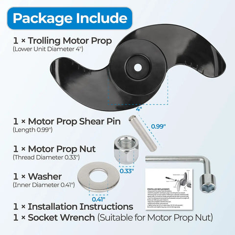 MKP-33 Weedless Wedge 2 Trolling Motor Propeller with installation tools for 4 inch Minn Kota motors, package contents shown
