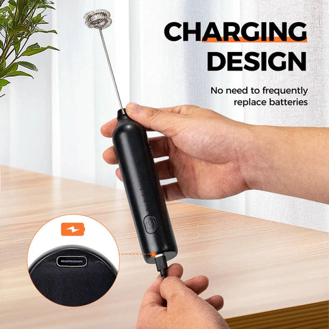 Person holding Rechargeable Handheld Milk Frother With USB Type C 3 Speed Adjustable Foam Maker for coffee drinks.