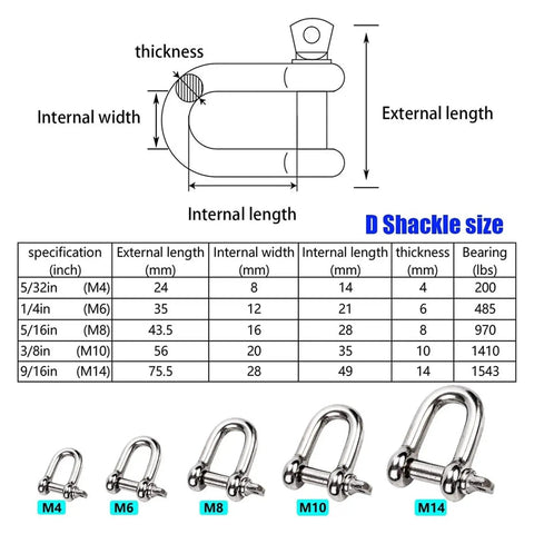 D shackle size diagram with specifications for Straight Up Heavy Duty 304 Stainless Steel Screw Pin Anchor Shackle Five Sixteen Inch 8Mm Bow Clevis Rigging Kit Tough As Nails Tow Chain Connector For Camping Adventures.