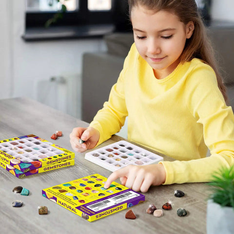 Awesome 25 Piece Rock and Mineral Kit for Kids Ages 6 to 12 STEM Geology Toy Set with Real Rocks Gemstones and Crystals for Hands On Science Discovery and Learning Perfect Starter Geology Kit for Classroom Home School Projects girl sorting gemstones in tray