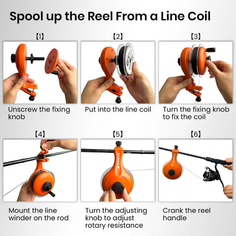 Step-by-step guide using Fishing Line Winder And Reel Spooler Kit With Unwinding System, shown spooling on a rod.
