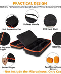Heavy Duty Dual Wireless Microphone Case For Two Mic Systems shown open with compartments and features detailed, Orange Box.