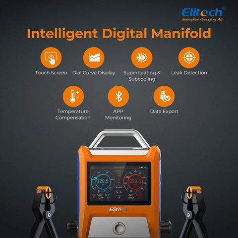 EMG-20V 2-Valve HVAC Manifold With 5 Inch Touchscreen, Bluetooth App Enabled Pro Grade Digital Gauge Kit For Real Time Pressure Temperature And Vacuum Readouts, Graphical Data, Export, And On The Fly Analysis. orange digital HVAC manifold with touchscreen