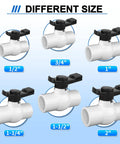 Different sizes of PVC ball valves from 1/2 inch to 2 inch, including 1 Inch PVC Ball Valve Kit 2 Pack Slip PVC Shutoff Valves.