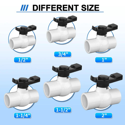 Different sizes of PVC ball valves from 1/2 inch to 2 inch, including 1 Inch PVC Ball Valve Kit 2 Pack Slip PVC Shutoff Valves.