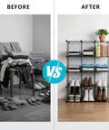 Before and after image of a space organized with a Wire Cube Storage Organizer Set Of 4, Stackable Closet and Office Shelving Bins.