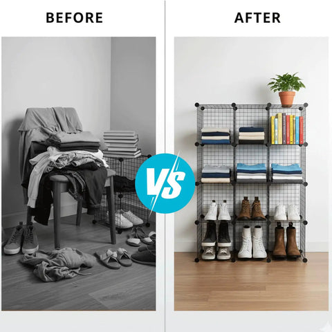 Before and after image of a space organized with a Wire Cube Storage Organizer Set Of 4, Stackable Closet and Office Shelving Bins.