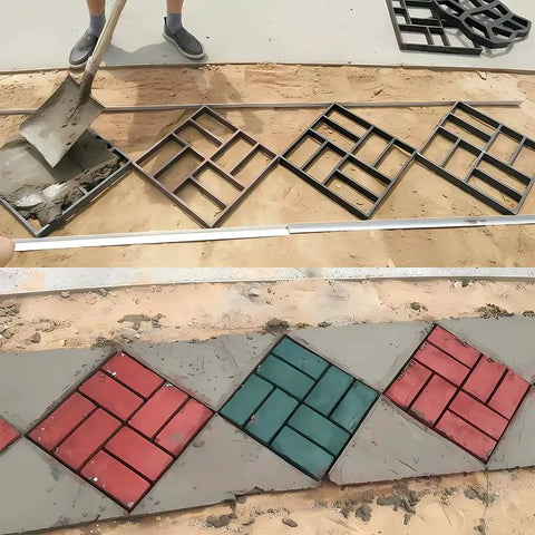 Cross Square Stepping Stone Molds Set For DIY Garden Pathways And Patios with 8 unique shapes in use, creating colorful walkway.