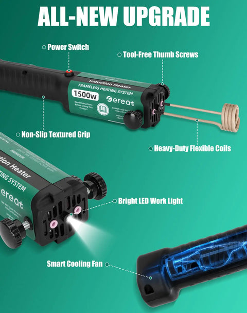Heavy Duty 1500W 110V Induction Heater Bolt Removal Kit featuring four coils and slick magnetic tech to rapidly break free stuck rusted bolts with a power switch and LED light.