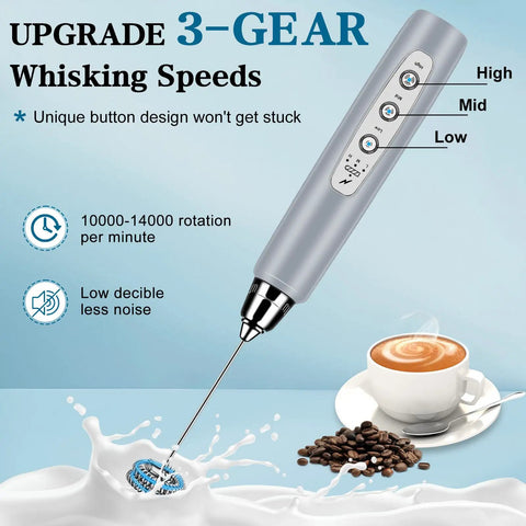 Handheld Milk Frother And Electric Whisk With 3 Speed Settings, Stainless Steel 3 Whisks, Rechargeable USB Powered, Portable Foam Maker