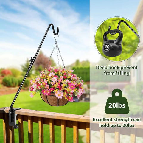 Heavy Duty 20 Inch Deck Hook With Swivel Wing Nut Design For Hummingbird Feeders Rust Proof Black Metal S Hook holding flowers.