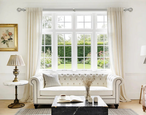 Room with window adorned by Two Pack Curtain Rods 32 To 58 Inches Heavy Duty Telescoping Drapery Rods With Antique Silver Twisted Cage Finials