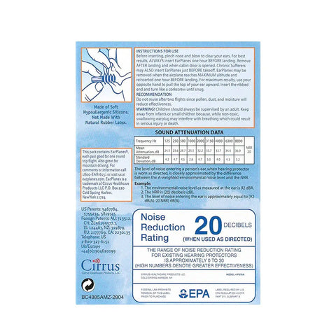 Back view of Must Have Kid Size EarPlanes Airplane Ear Plugs packaging showing instructions and noise reduction data.