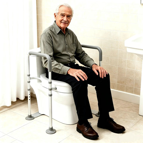 Elderly man sitting on Total Badass Adjustable Raised Toilet Seat With Handles Heavy Duty Aluminum Safety Frame.