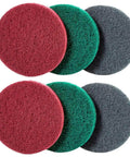 6 pack of 5 Inch Nylon Scouring Pads Set for Drill Powered Buffers and Polishers, available in green, red, and grey.