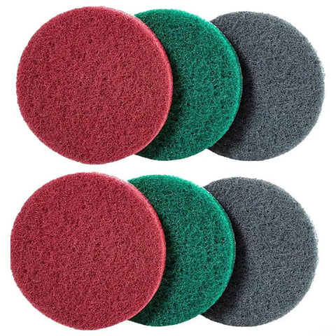 6 pack of 5 Inch Nylon Scouring Pads Set for Drill Powered Buffers and Polishers, available in green, red, and grey.