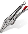 6.5 Inch Needle Nose Locking Pliers with CR-MO Jaw, long narrow nose, showing through-hole screw, ideal for tight spaces