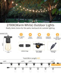 Diagram of 48Ft Outdoor LED String Lights with specifications and 2700K warm white glow for patio, backyard use.