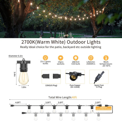 Diagram of 48Ft Outdoor LED String Lights with specifications and 2700K warm white glow for patio, backyard use.
