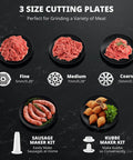 3 size cutting plates for Heavy Duty Electric Meat Grinder With Strainer And Tomato Sauce Press Maker, ideal for various meat textures.