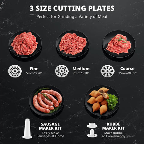 3 size cutting plates for Heavy Duty Electric Meat Grinder With Strainer And Tomato Sauce Press Maker, ideal for various meat textures.