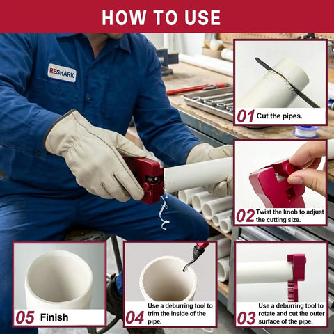 Hassle Free 9 In 1 PVC Pipe Deburring And Chamfer Tool Kit Adjustable Bevel Depth in use for pipe prep by plumber.