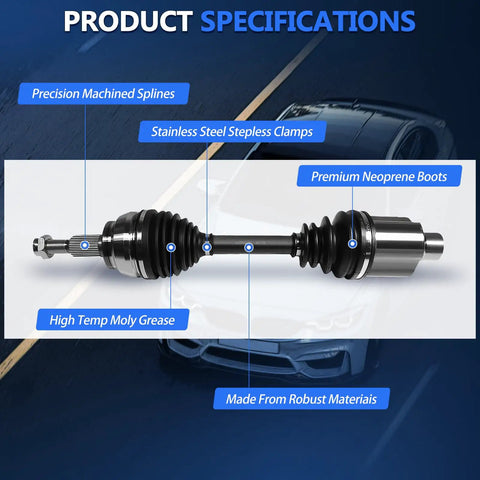 Front CV Axle Set For Dodge Ram 1500 2002 To 2011 4WD Left And Right Replacement Shaft Compatible With Laramie SLT SRT10 Sport SXT Models Heavy Duty Construction High Tensile Steel For Tough Road Conditions, shown with neoprene boots