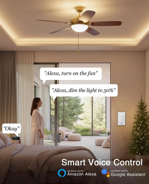 Smart Ceiling Fan Dimmer Switch With 4 Speed Fan Control And Light Dimmer Alexa And Google Assistant Compatible 2.4Ghz Only Single Pole UL Certified 3 Pack in bedroom setting showing voice control features.