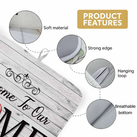 Diagram of Red Heart Dish Drying Mat for Kitchen Counter showing soft material, strong edge, hanging loop, breathable bottom