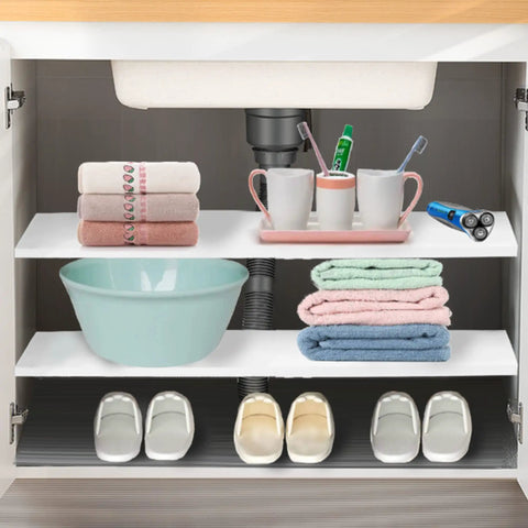 Adjustable Heavy Duty Metal Tension Closet Shelf Organizer Expandable Locker Shelf For Cabinets Wardrobes Cupboards Kitchen Bathroom Laundry Room Large One Pack under sink with towels, cups, batteries, and shoes