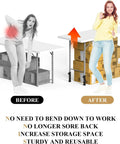 Before and after image showing heavy duty adjustable table risers helping to alleviate back pain while lifting tables.