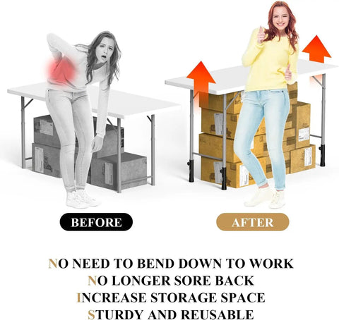 Before and after image showing heavy duty adjustable table risers helping to alleviate back pain while lifting tables.