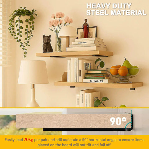Heavy Duty Floating Shelf Brackets 6 Inch 6 Pack Black Coated Metal Hidden Suspension Wall Mount Support displaying books and decor