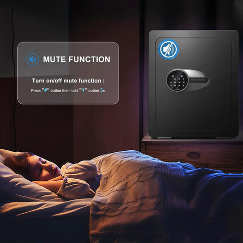 Compact Fireproof Safe Box For Home Use 0.8 Cu Ft Small Safe with mute function shown in a bedroom setting.