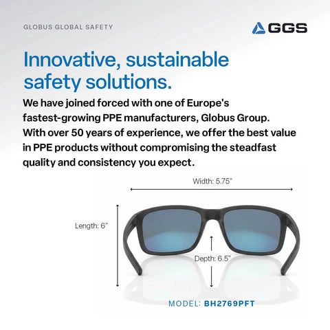 Pompano Glasses With Performance Fog Technology Polarized Lenses Ice Blue Matte Black shown with dimensions.